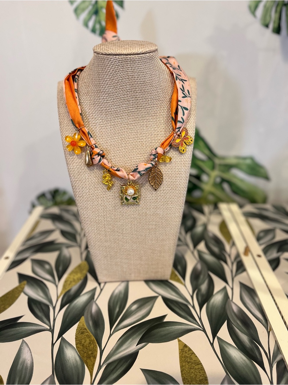 Orange Floral Scarf Charm Necklace with Leaf and Crystal Accents